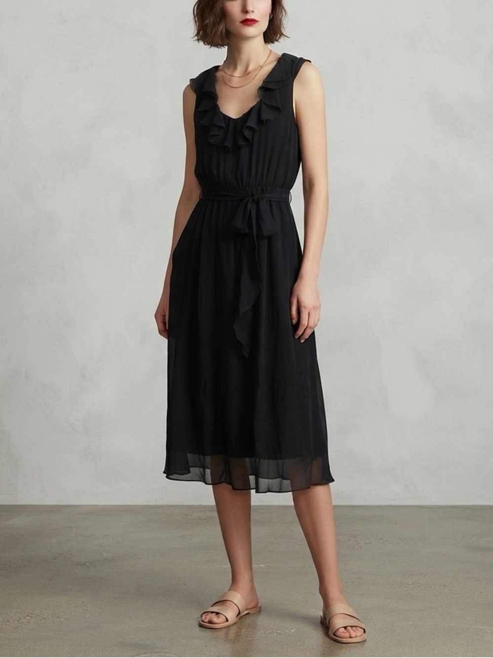 Suzi Chin for Maggy Boutique 100% Silk Ruffle Chiffon Black Midi Dress
